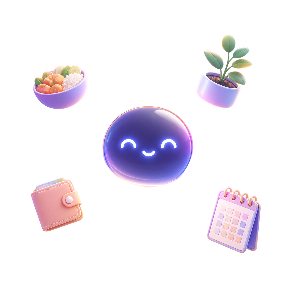 Friendly SuperMom AI assistant surrounded by meal, plant, wallet and calendar icons